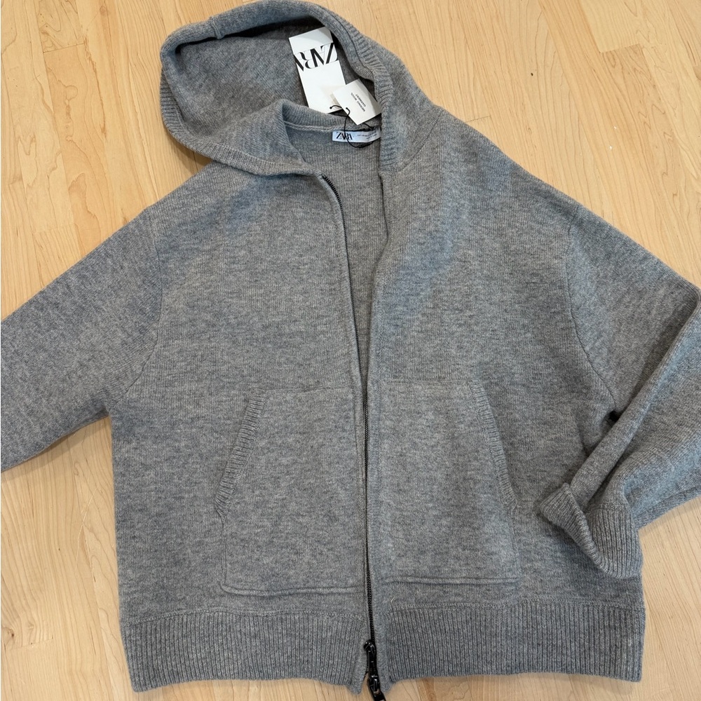 Zara Light Gray Hooded Zip Knit Cardigan
